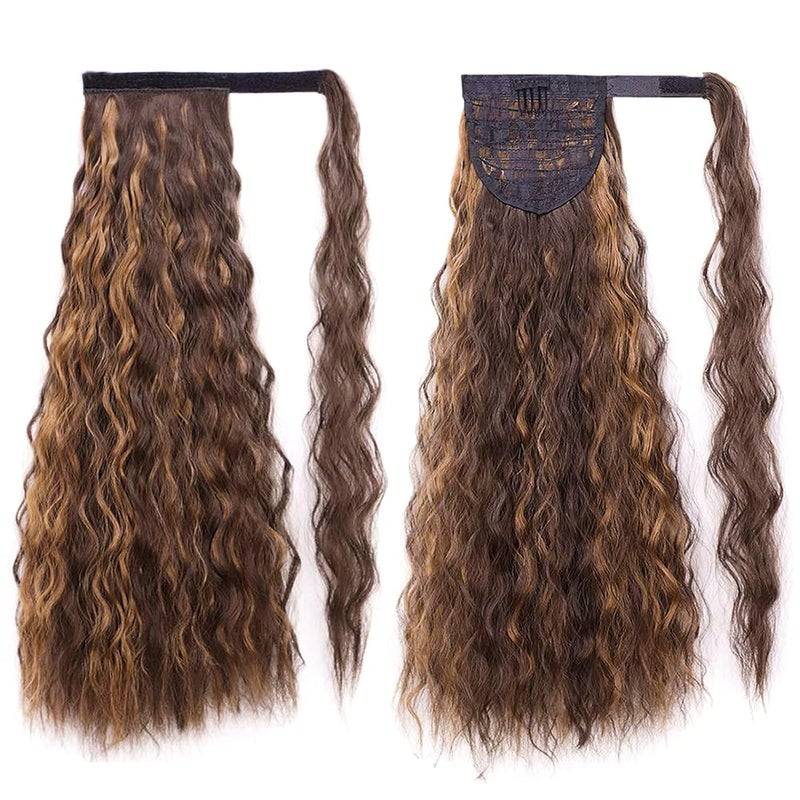 Stamped Glorious Long Corn Wave Ponytail Extension Magic Paste Heat Resistant Wavy Synthetic Wrap Around Ponytail Black Hairpiece for Women (22 Inch, 22 Inch-Highlight) - Image 5